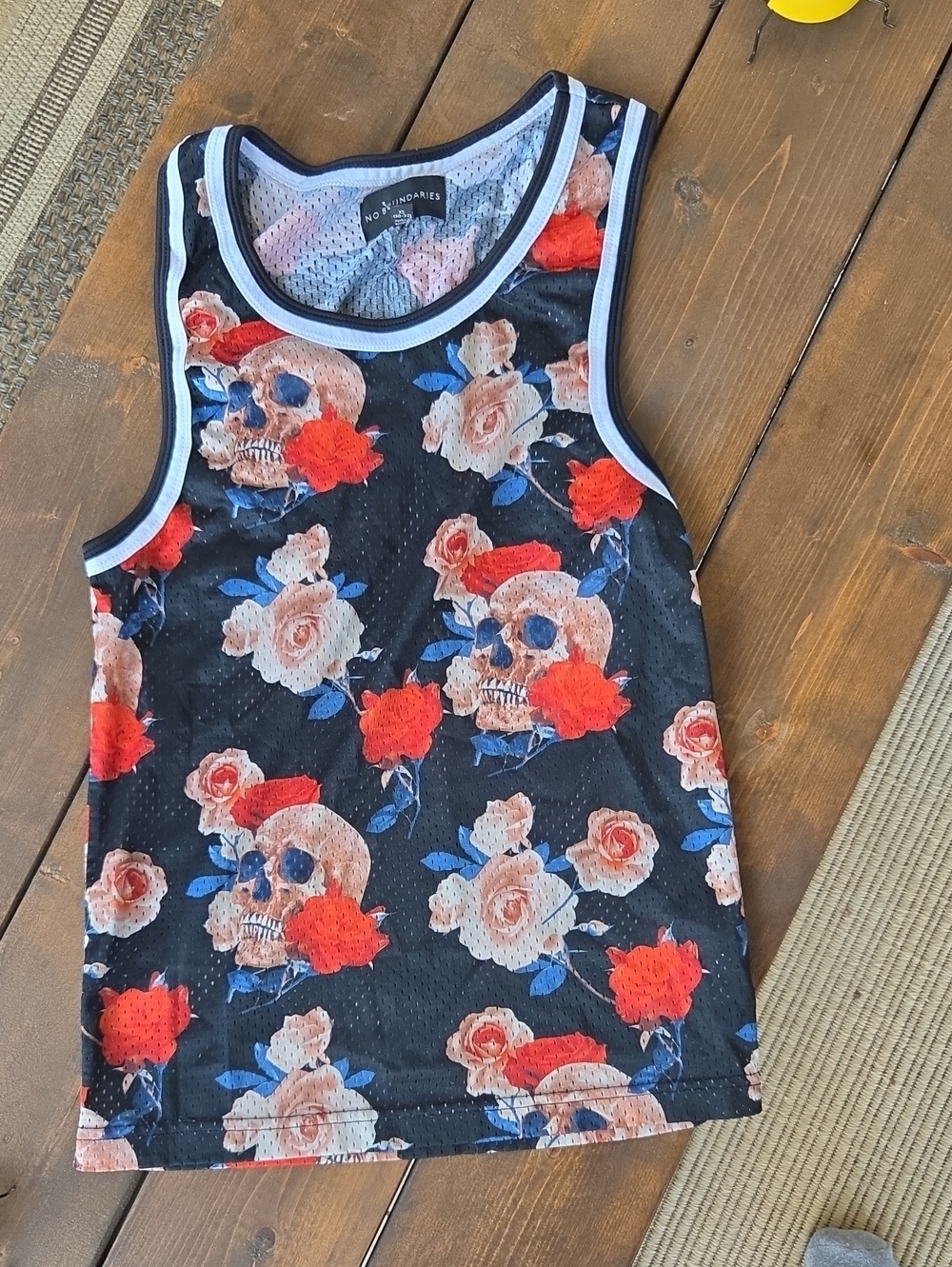 No Boundaries Black Tank with Red Roses, Cream Skulls & Blue Leaves